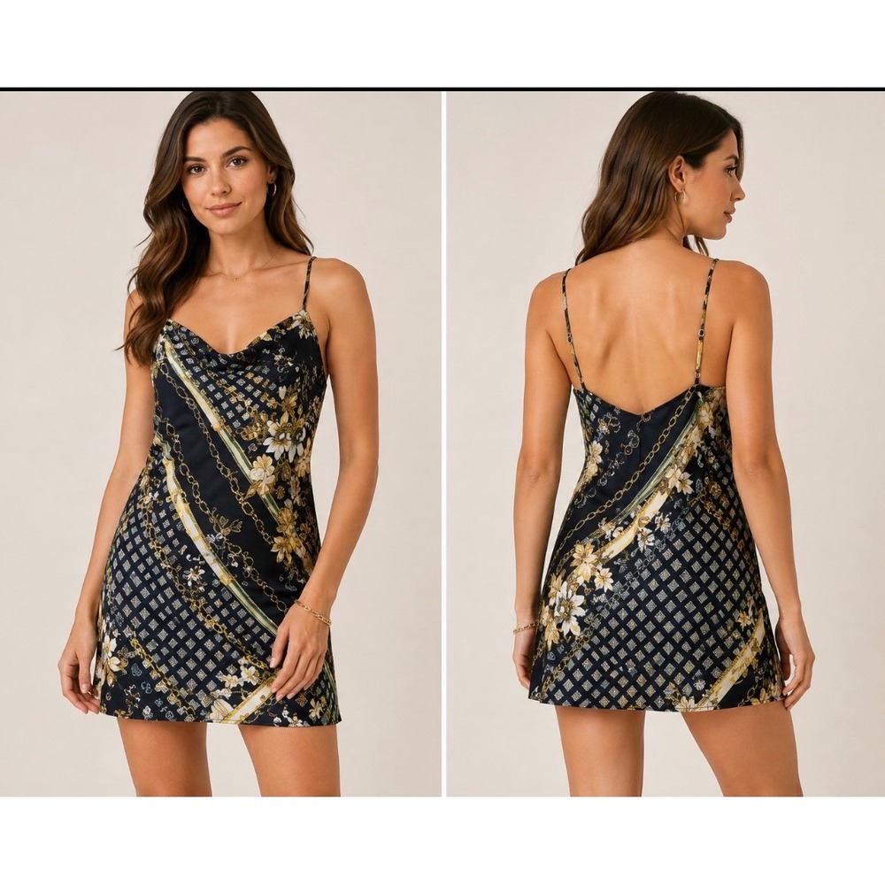 Princess‎ Polly Women Sz 10 Lucci Satin Slip Dress Mini Floral Chain Print Black
